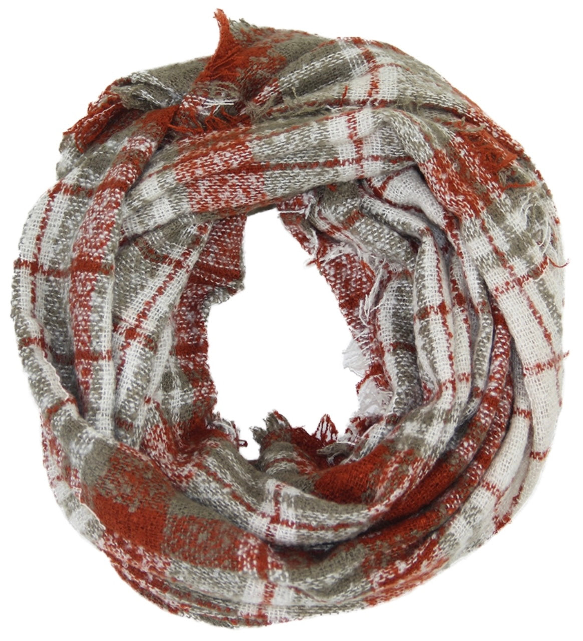 Plaid Woven Infinity Scarf With Short Fringe
