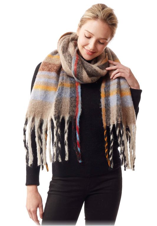 Multi Color Beige Fuzzy Plaid Oblong Scarf With Fringe