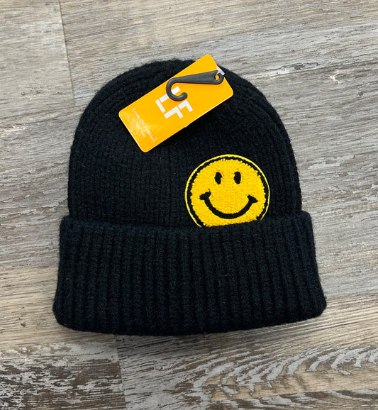 Smiley Patch Black Knit Beanie Hat
