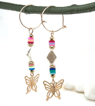 Load image into Gallery viewer, Butterfly Drop Mixed Bead Hoop Dangle Gold Tone Earrings