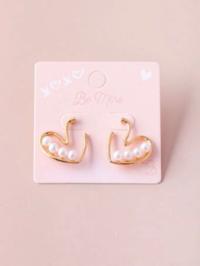 Pearl Bead Heart Outline Post Back Earrings - Gold