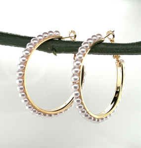 Classic Pearl Beaded Gold Tone Hoop Earrings