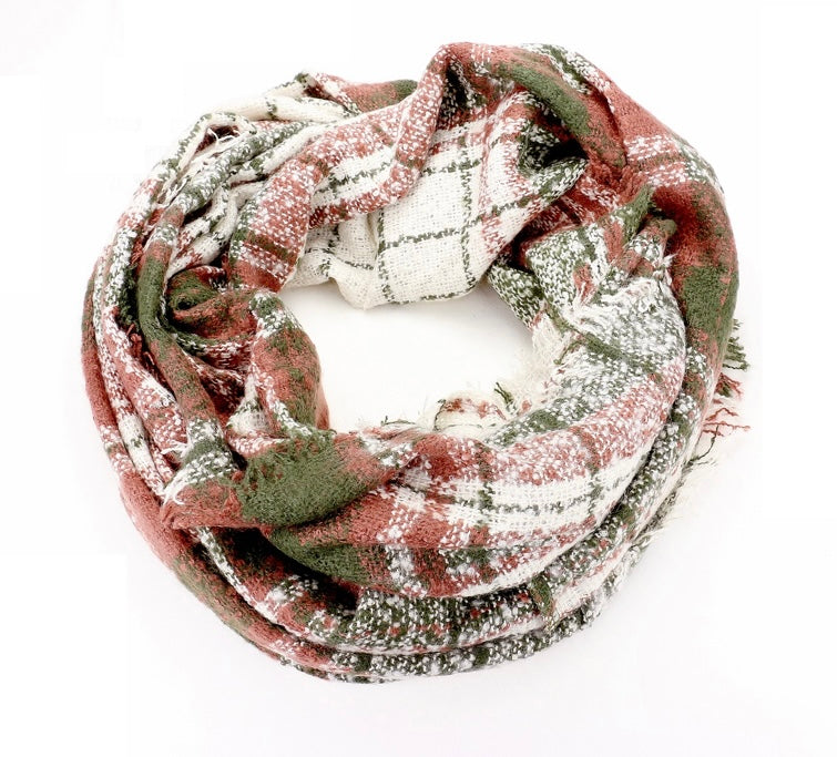 Plaid Woven Infinity Scarf With Short Fringe
