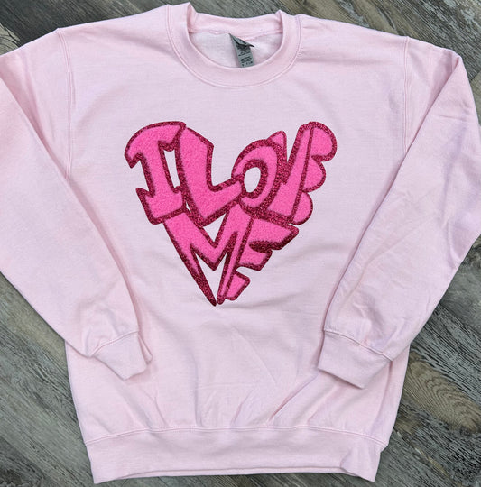 I Love Me Love Puffy Letter Crew Neck Sweatshirt With Pink Trim - Pink