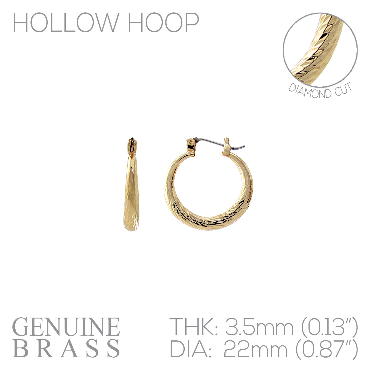 Hollow Hoop Diamond Cut Hoop Earring - .87 Inch - In Gold & Silver