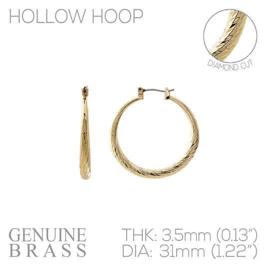 Hollow Hoop Diamond Cut Hoop Earring - 1.22 Inch - In Gold & Silver