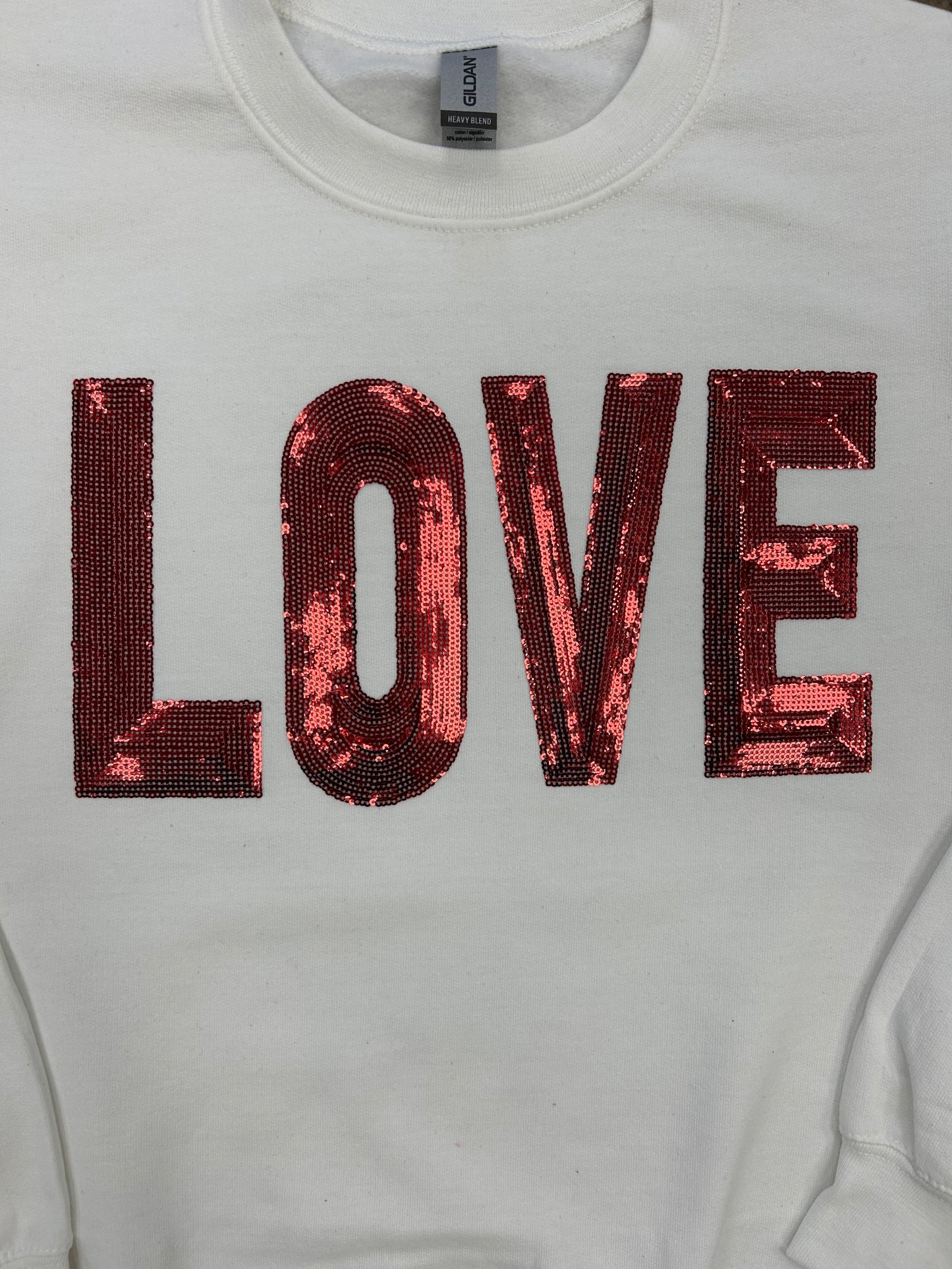 Love Red Sequin Block Letter Crew Neck Sweatshirt - White