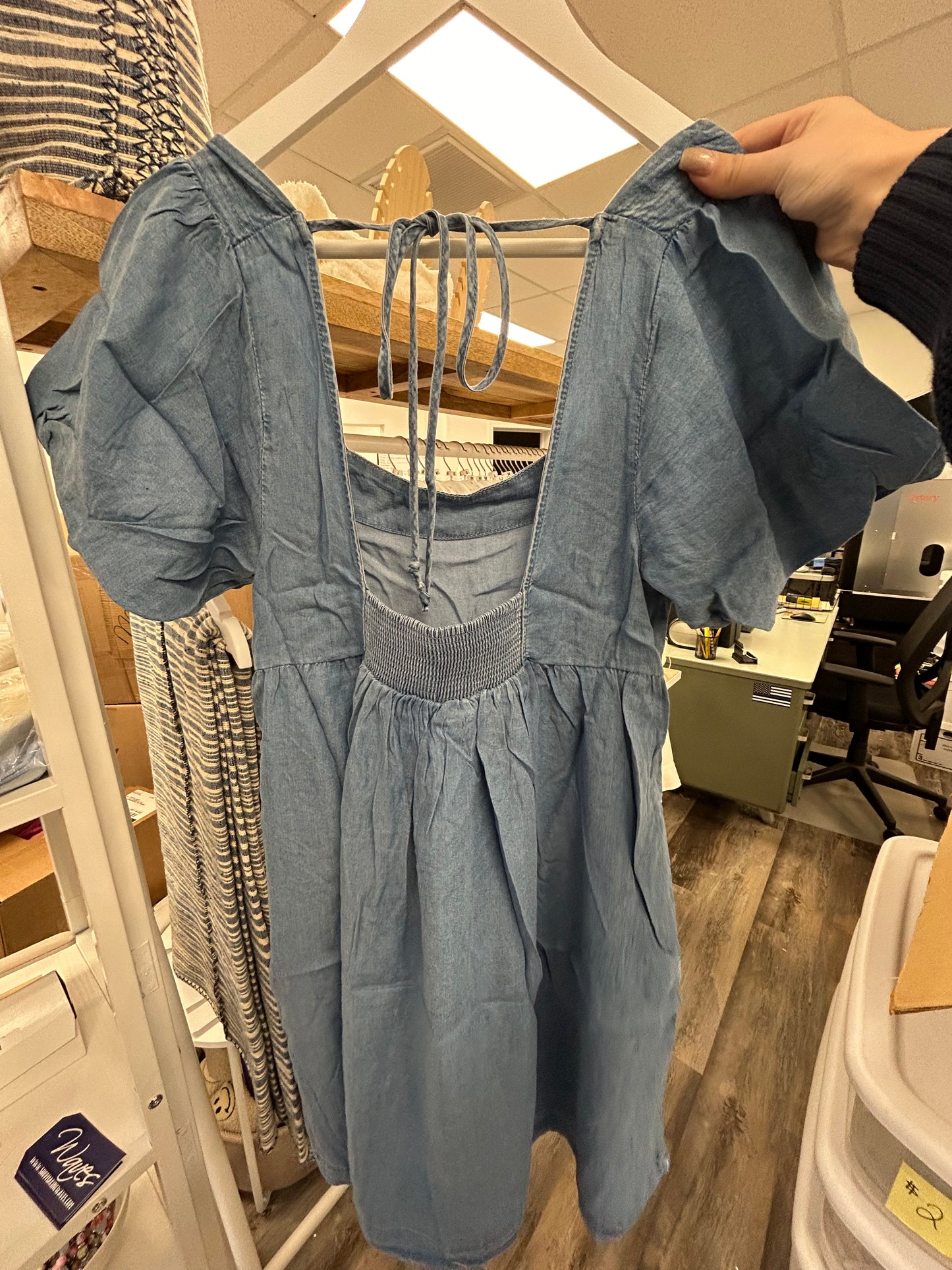 Square Neck Bubble Sleeve Babydoll Mini Dress With Pockets - Denim Blue