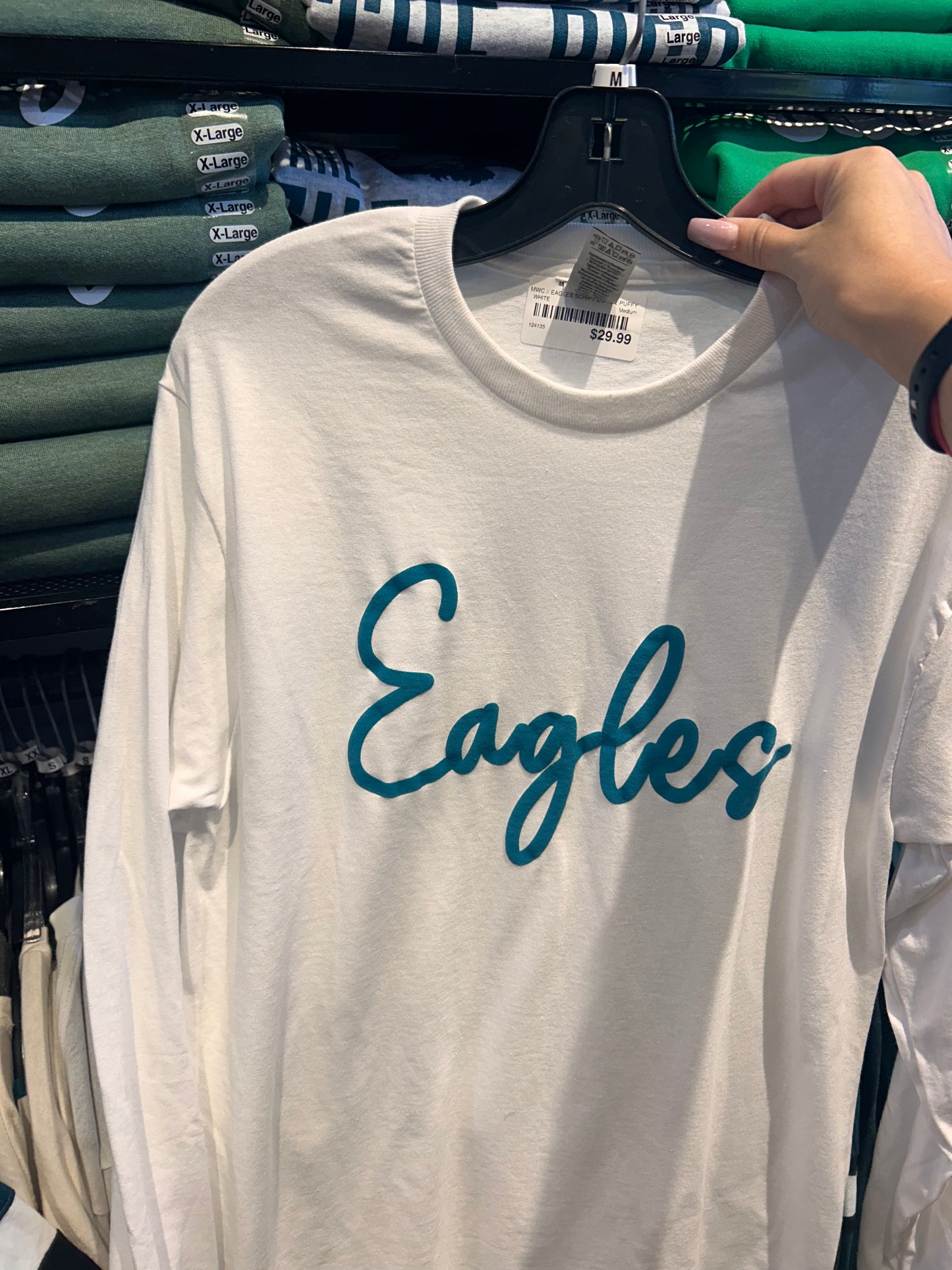 Eagles 3D Script Long Sleeve Tee - White & Green Text