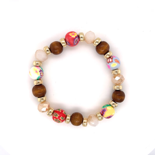 Clay, Wood, & Glass Bead Stretch Bracelet - In Gold & Silver