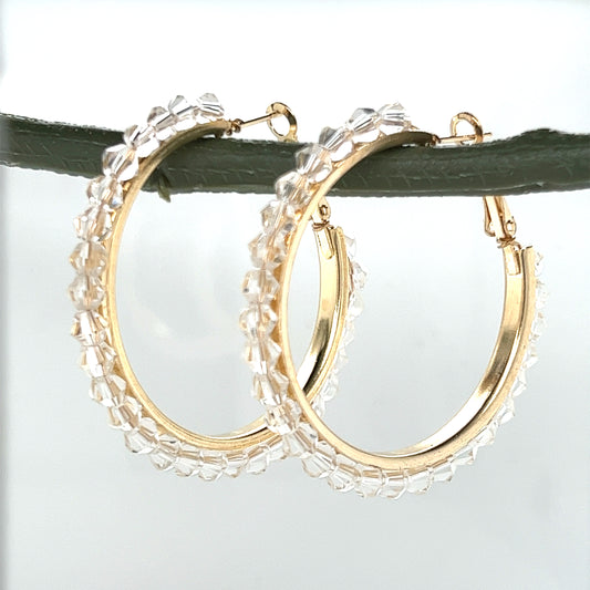 Sparkling Crystal Beaded Gold Tone Hoop Earrings