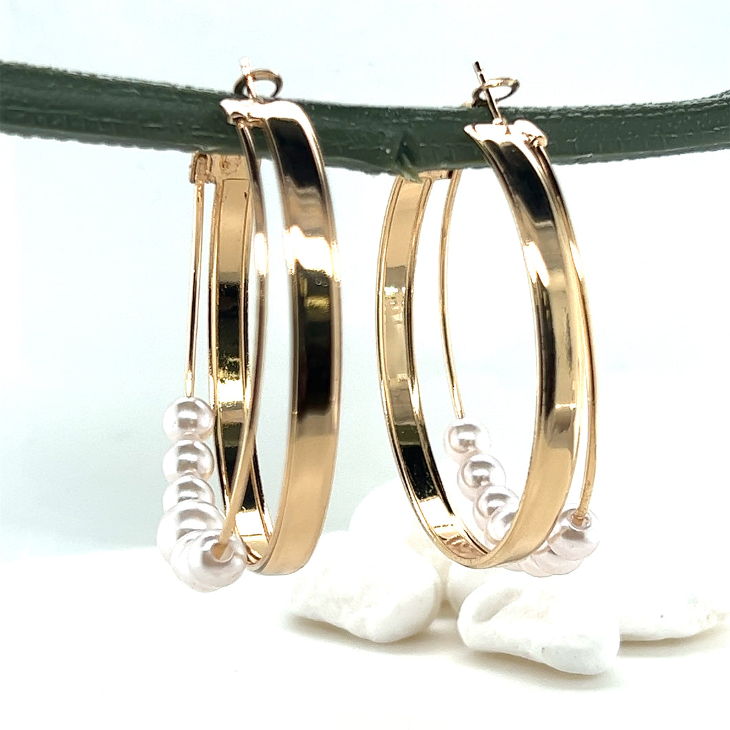 Double Hoop Pearl Bead Gold Tone Earrings