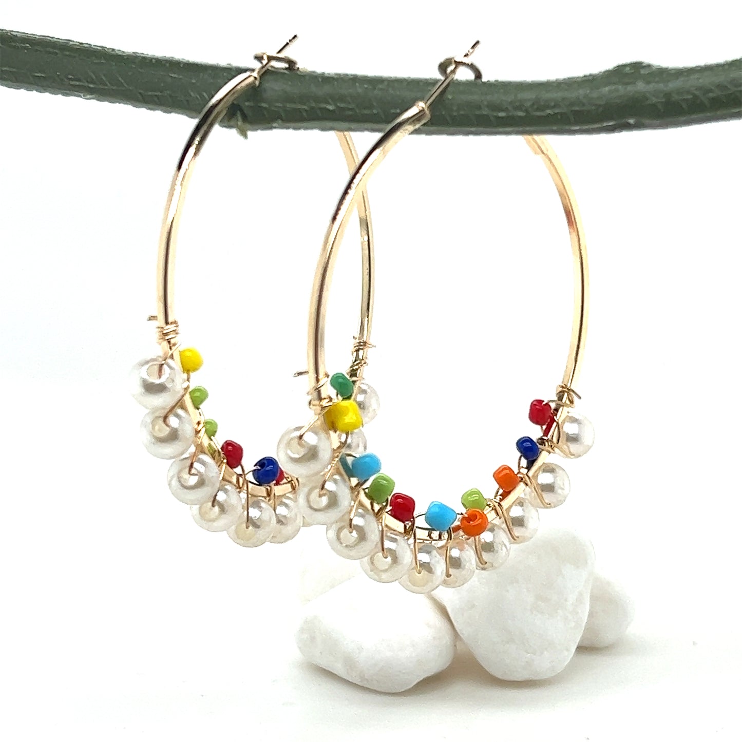 Wire Wrapped Pearl & Seed Bead Gold Tone Hoop Earrings