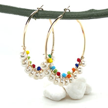 Load image into Gallery viewer, Wire Wrapped Pearl &amp; Seed Bead Gold Tone Hoop Earrings