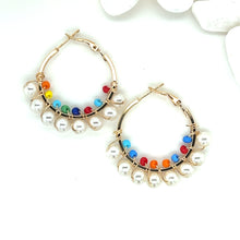 Load image into Gallery viewer, Small Wire Wrapped Pearl &amp; Seed Bead Gold Tone Hoop Earrings