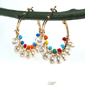 Small Wire Wrapped Pearl & Seed Bead Gold Tone Hoop Earrings