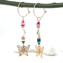 Load image into Gallery viewer, Butterfly Drop Mixed Bead Hoop Dangle Gold Tone Earrings