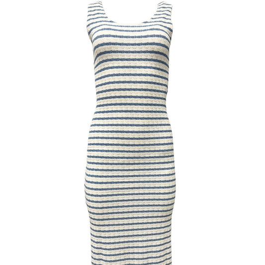 Striped Knit Scoop Neck Sleeveless Midi Dress - Chambray Blue & Cream Stripes