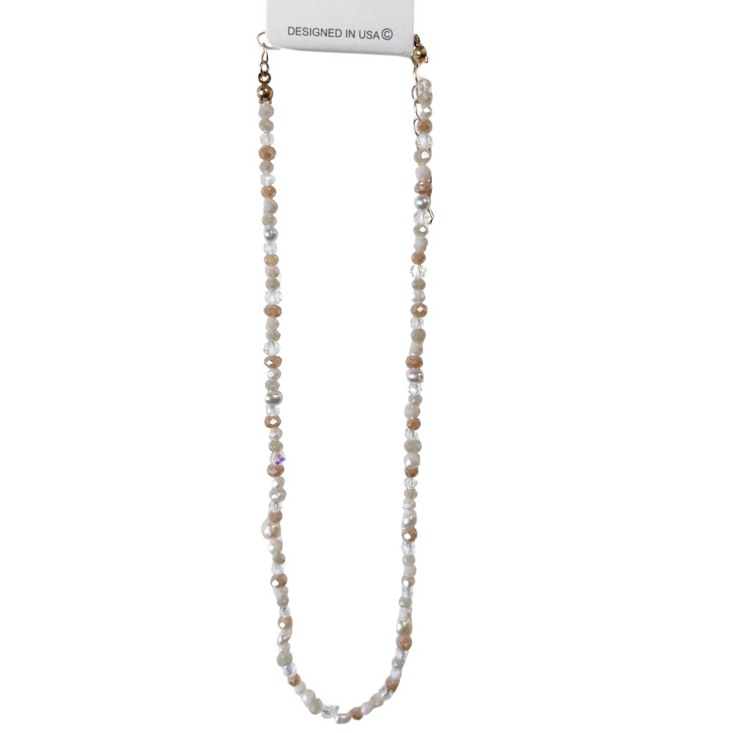 Glass Bead & Pearl Mix Neutral Nude Gold Adjustable Necklace