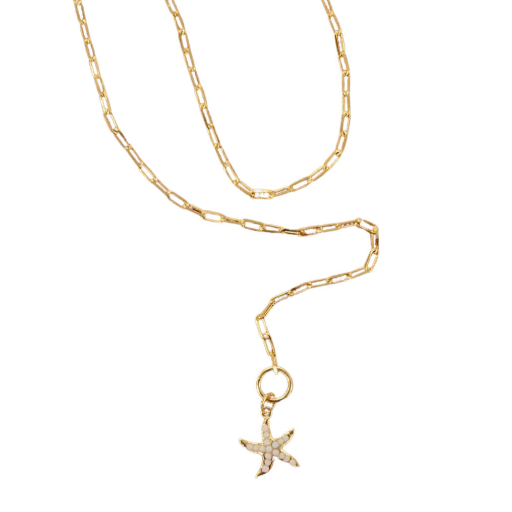 Gold Paperclip Chain Toggle Starfish Charm Necklace - White