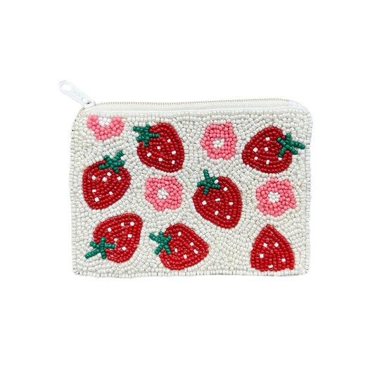 Strawberry & Daisy Beaded Zipper Coin & Card Bag