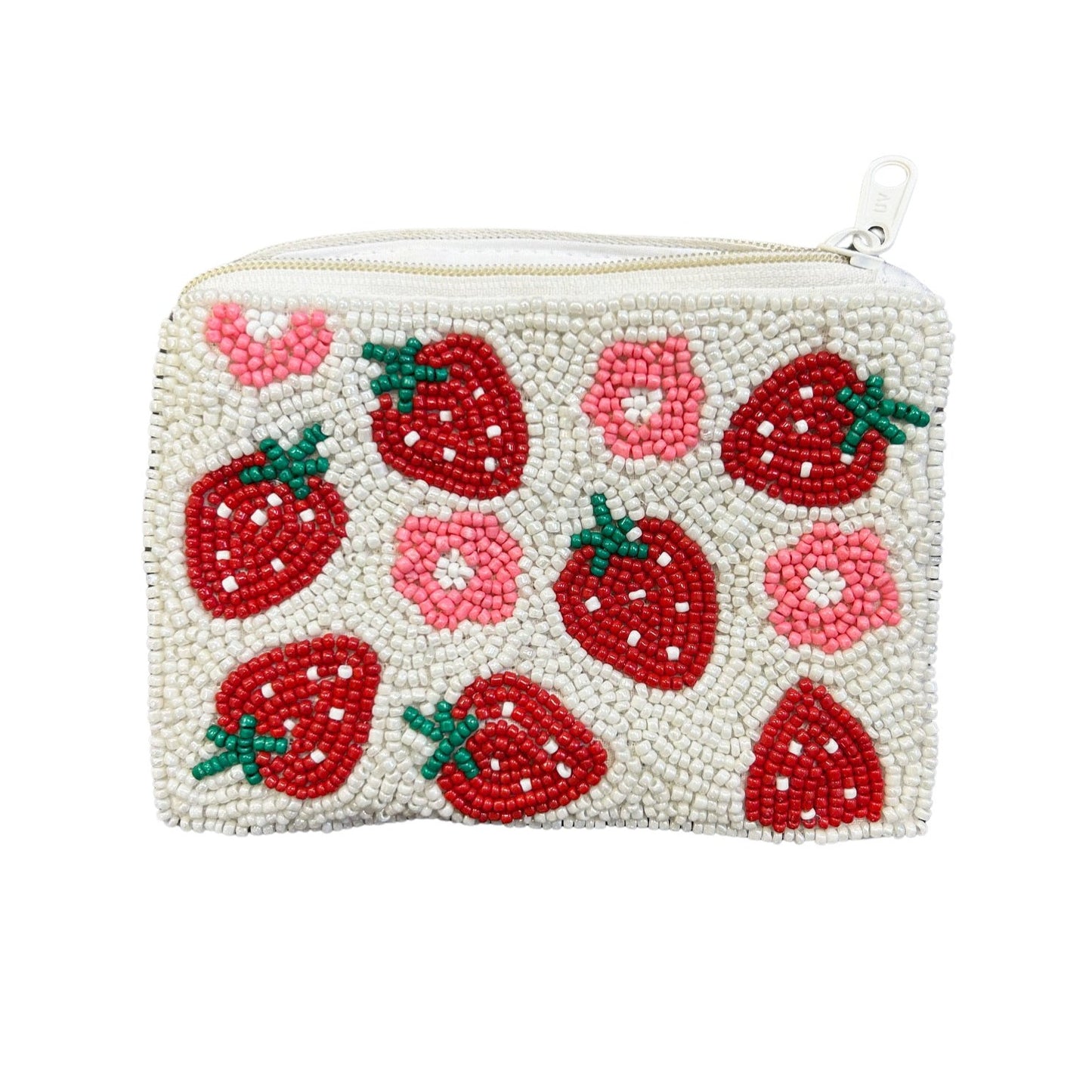 Strawberry & Daisy Beaded Zipper Coin & Card Bag