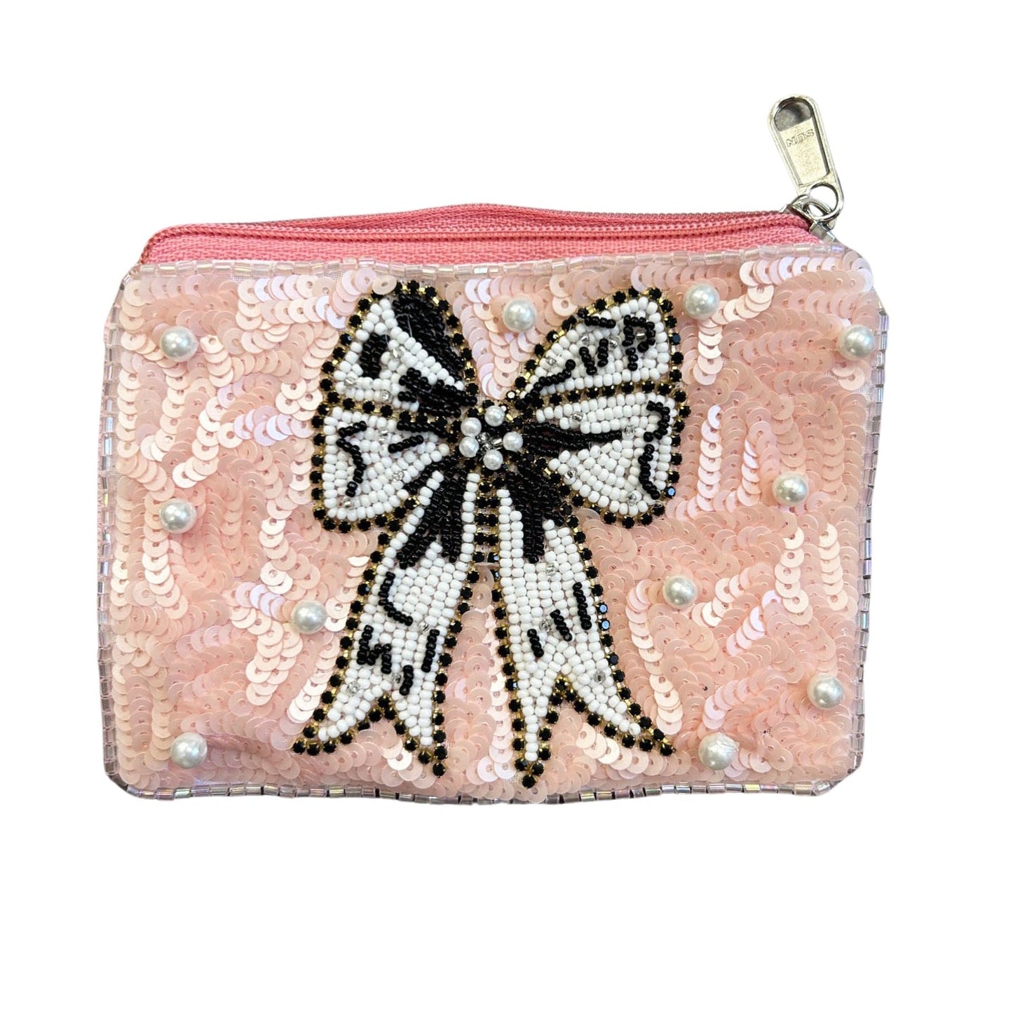 Bow & Pearl Girly Beaded Zipper Coin & Card Bag