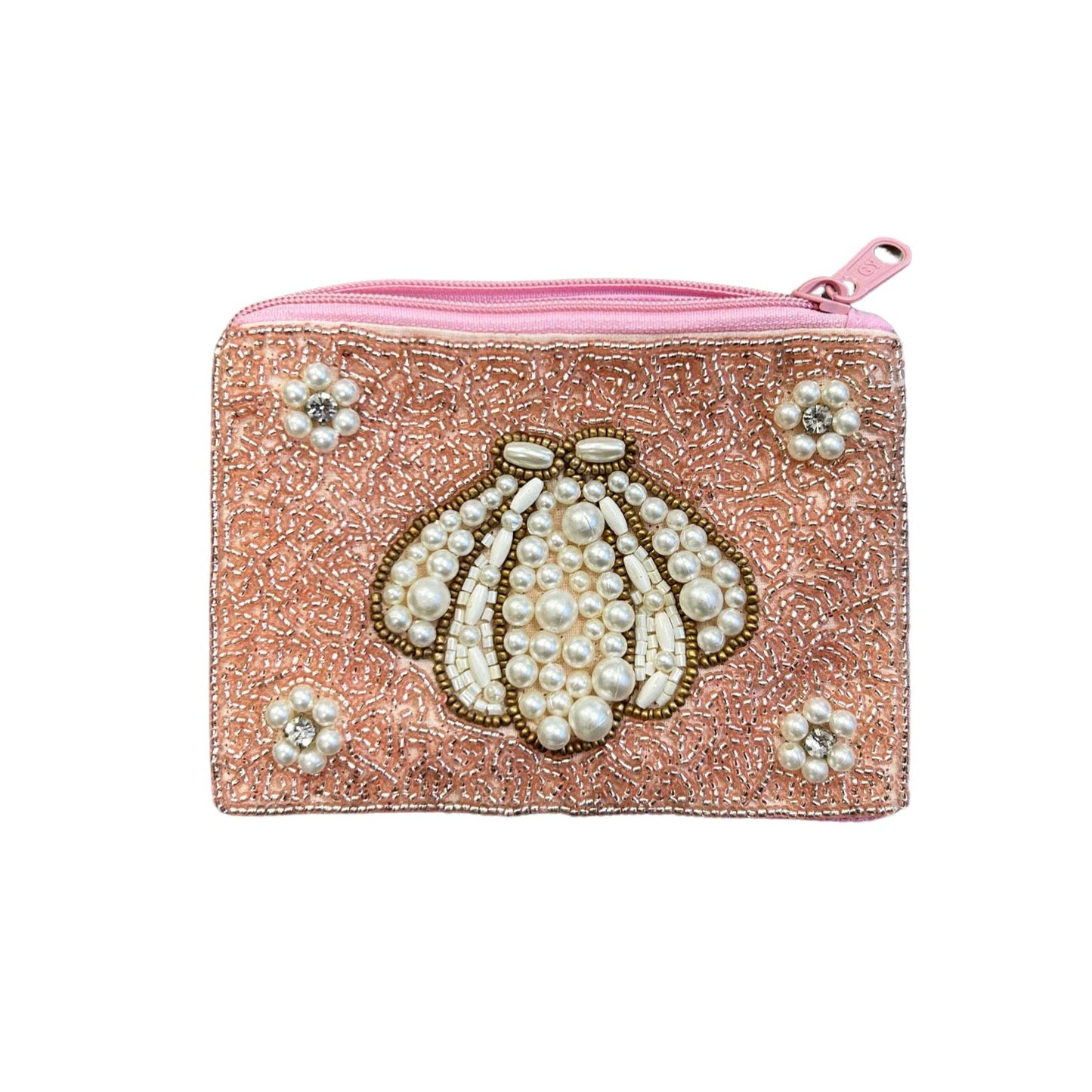Sea Shell Beaded Zipper Coin & Card Bag - Pink