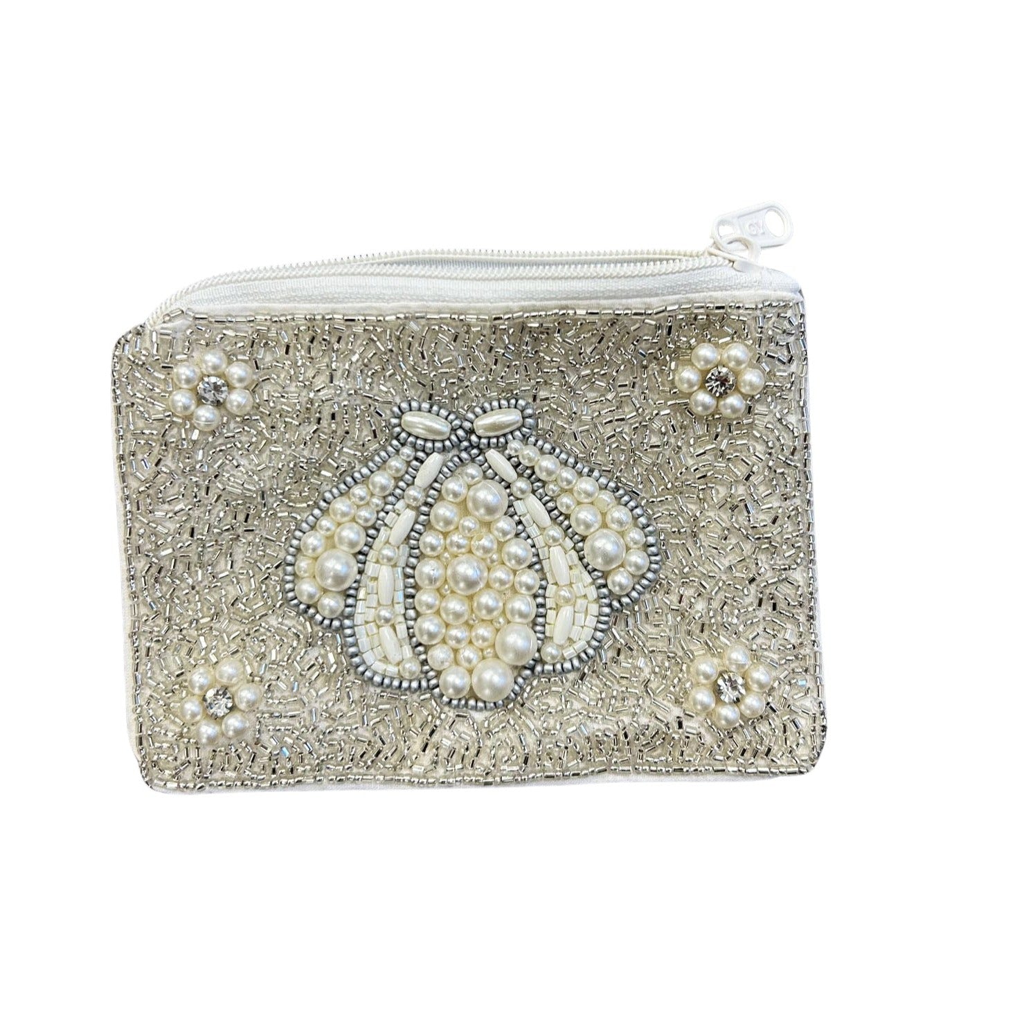 White crocheted seashell embellished clutch purse with gold fashion chain