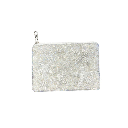 White Starfish Beaded Zipper Coin & Card Bag