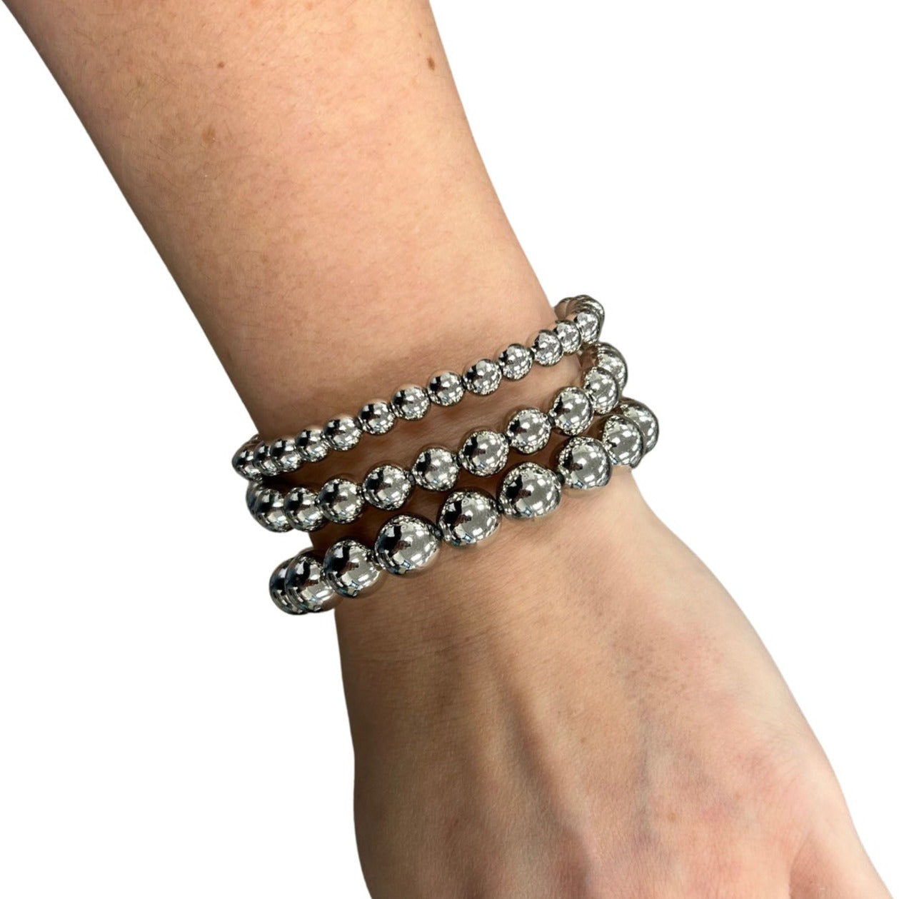 Silver Round Beaded Stretch Bracelet - In 3 Sizes
