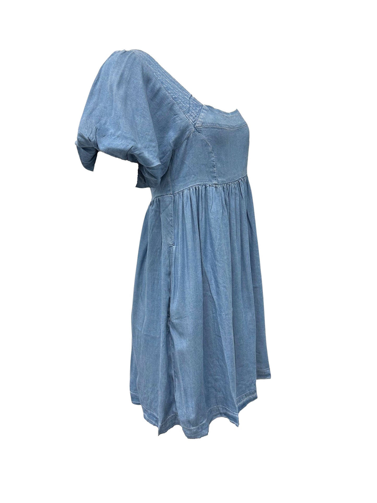 Square Neck Bubble Sleeve Babydoll Mini Dress With Pockets - Denim Blue