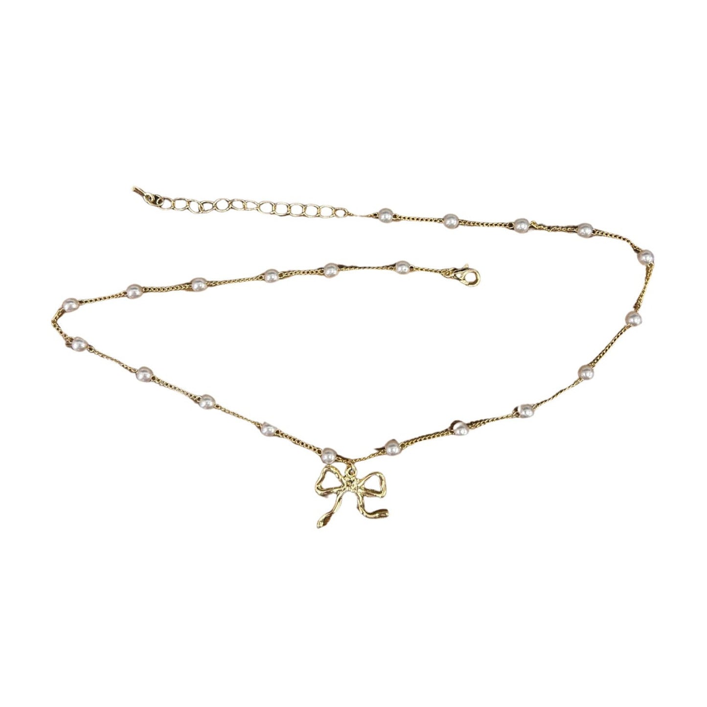 Golden Bow & Floating Pearl Necklace - Gold