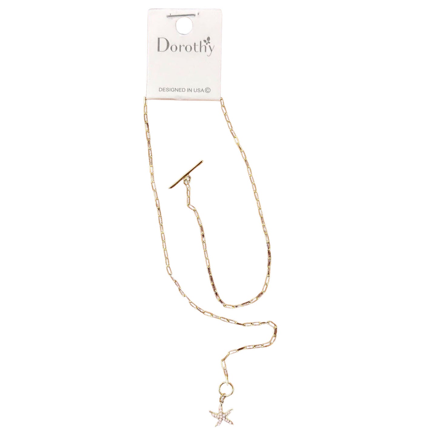 Gold Paperclip Chain Toggle Starfish Charm Necklace - White