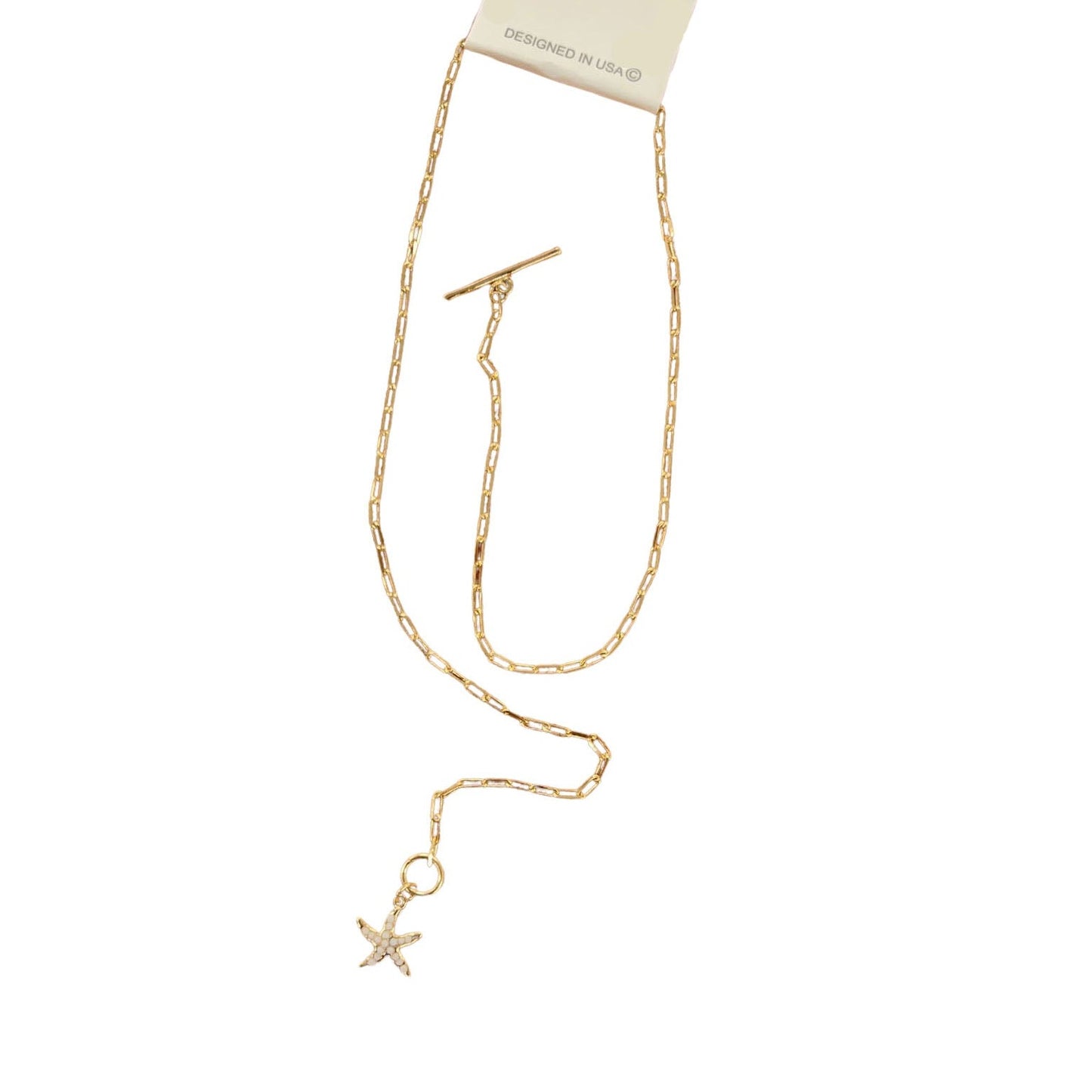 Gold Paperclip Chain Toggle Starfish Charm Necklace - White