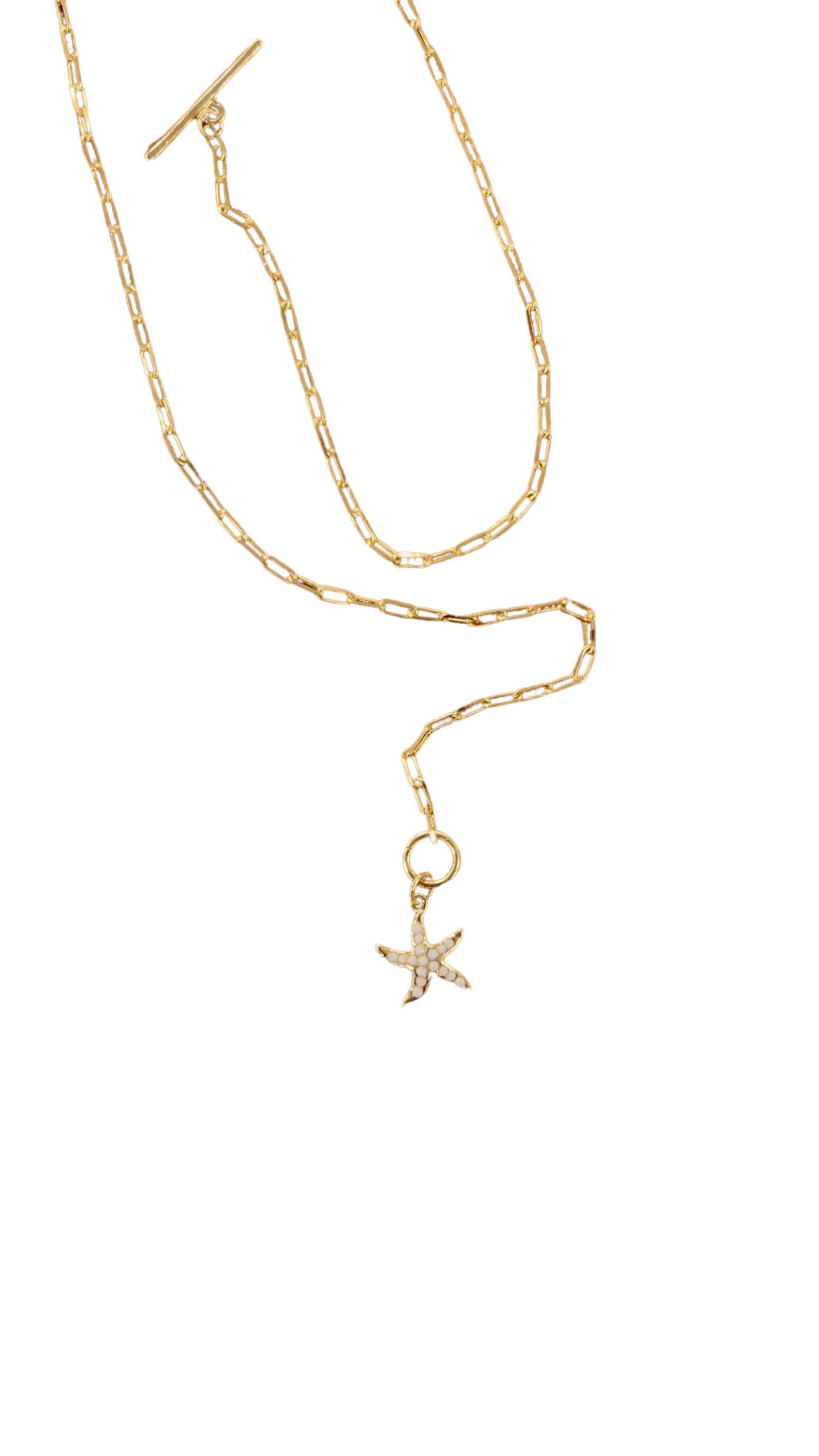 Gold Paperclip Chain Toggle Starfish Charm Necklace - White