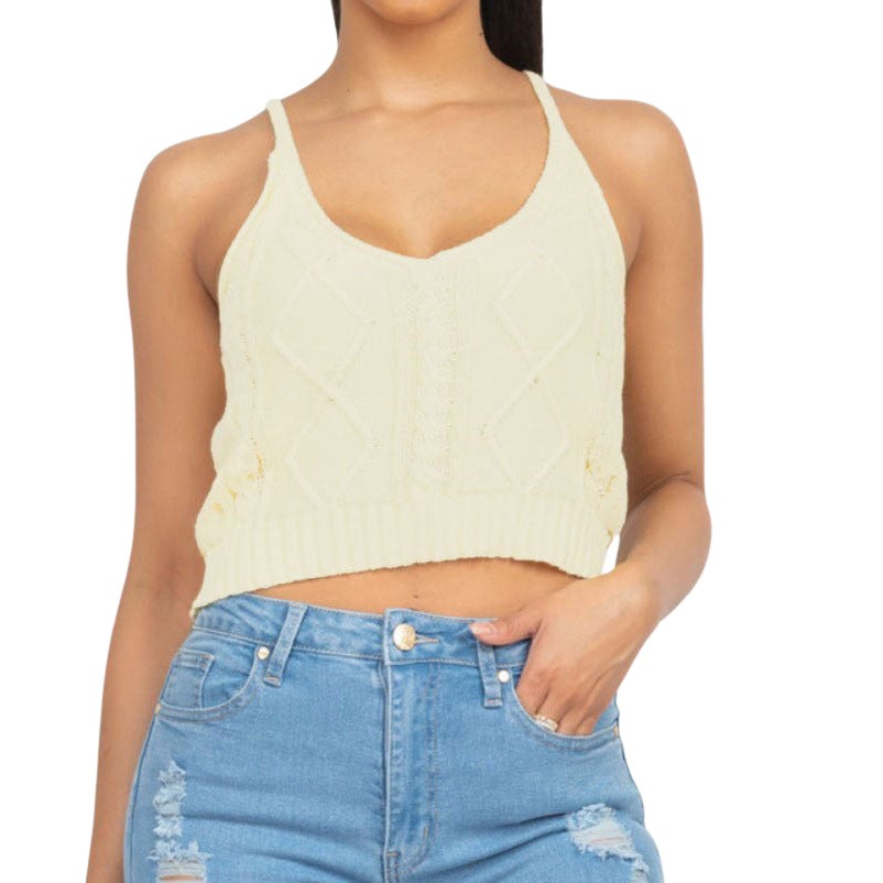 V-Neck Cable Knit Sweater Tank Top - Cream