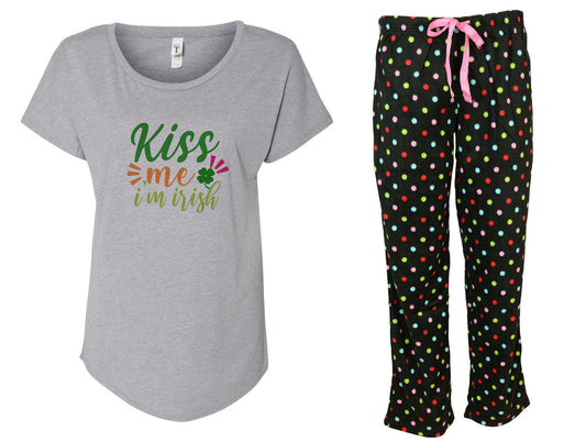 Kiss Me I'm Irish Pajama Set With Polka Dot Fleece Pants