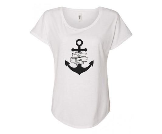 So Nauti Anchor Ladies Tee Shirt - In Grey & White