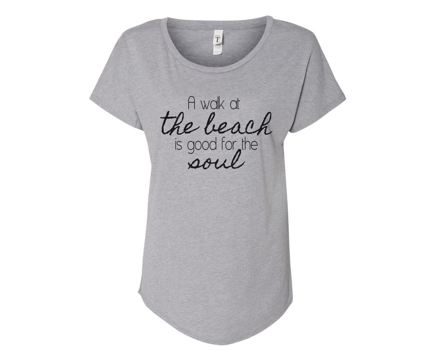 A Walk At The Beach Is Good For The Soul Ladies Tee Shirt - In Grey & White