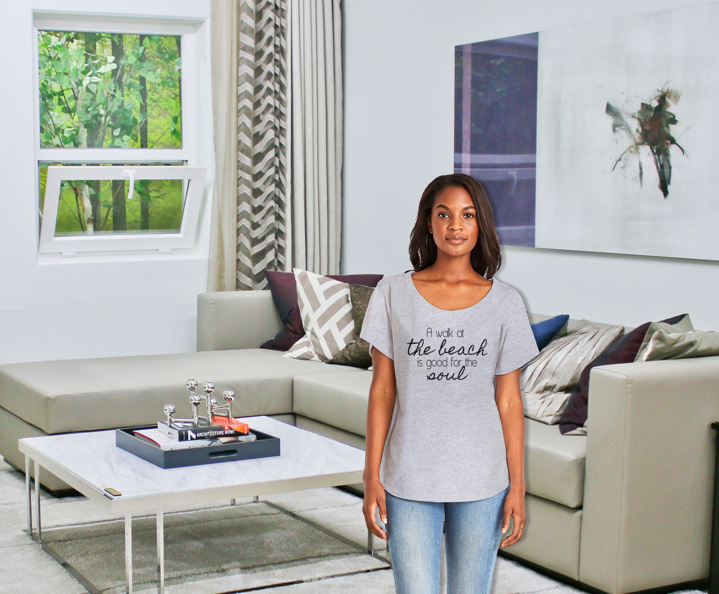 A Walk At The Beach Is Good For The Soul Ladies Tee Shirt - In Grey & White