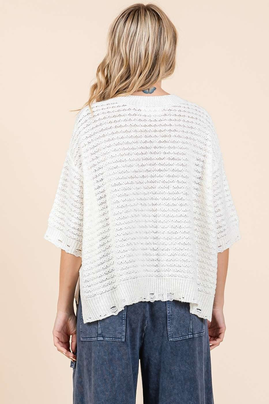 Distressed Hem Drop Shoulder Knit Sweater Top - Ivory