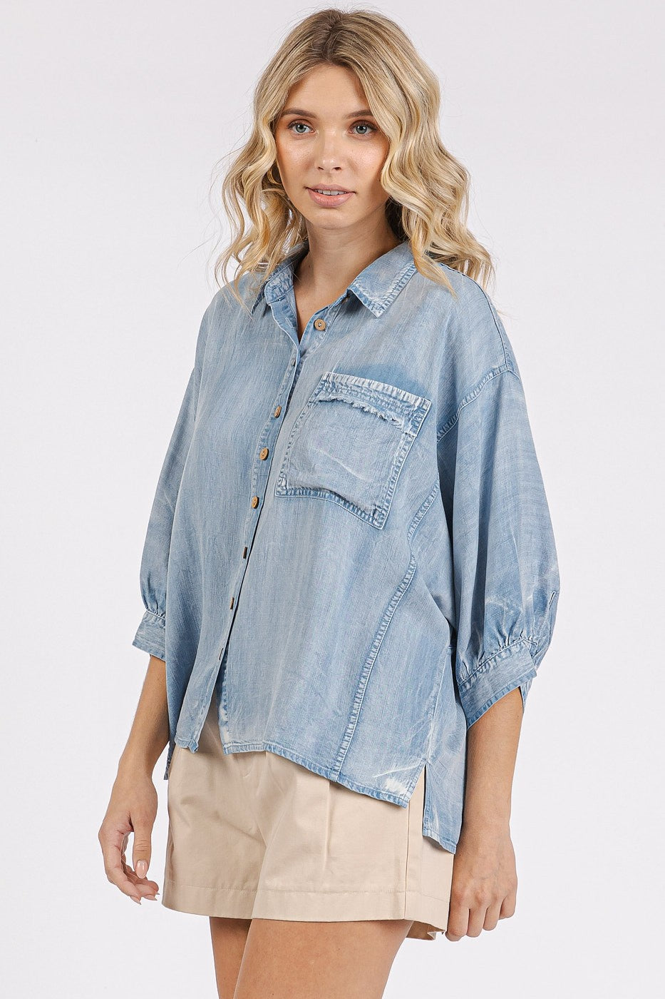 Dolman Cut Raw Wedge 3/4 Sleeve Top With Front Pocket -Light Denim