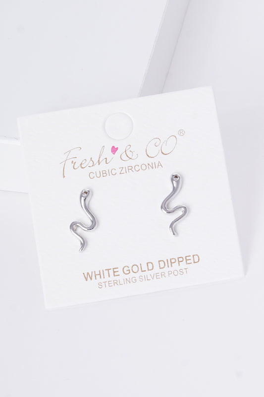 CZ Snake Stud Earrings - White Gold Dipped Sterling Silver
