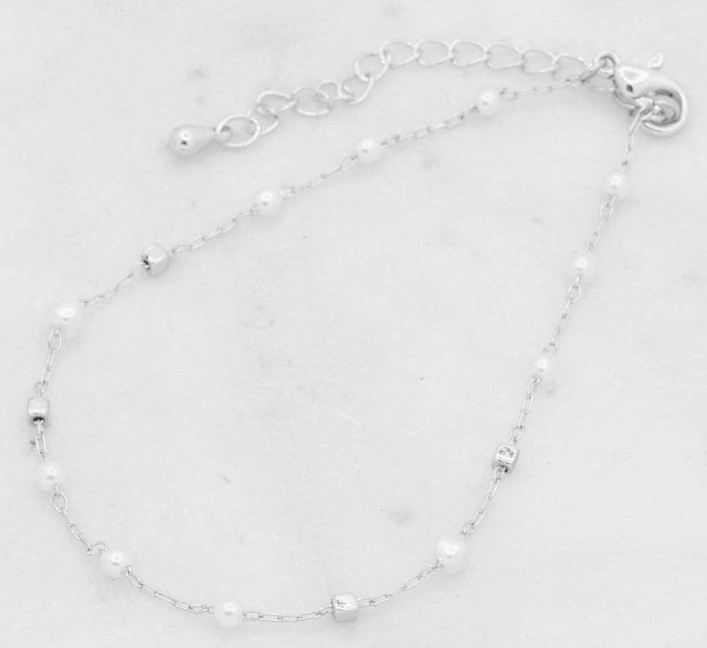 Dainty Pearl Spaced Chain Link Bracelet - Silver