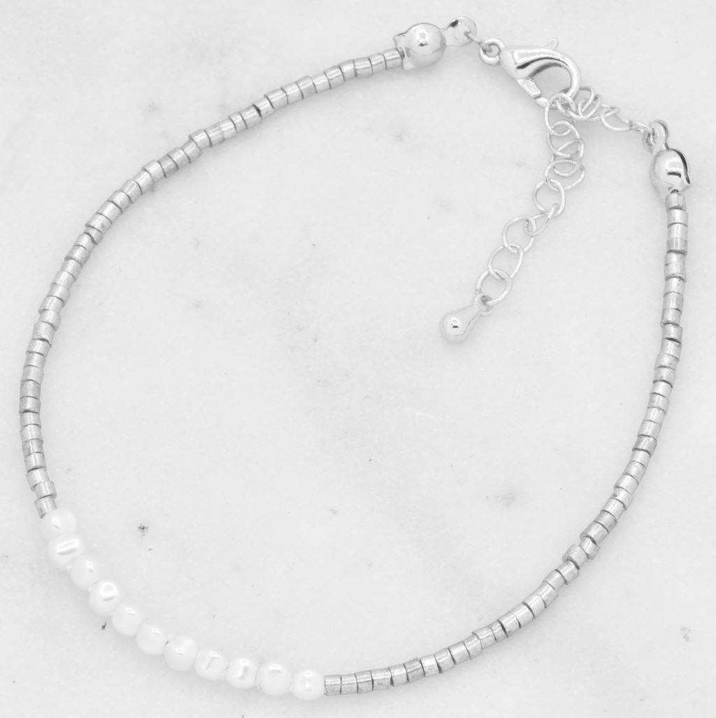 Tiny Pearl Seed Bead Adjustable Bracelet - Silver