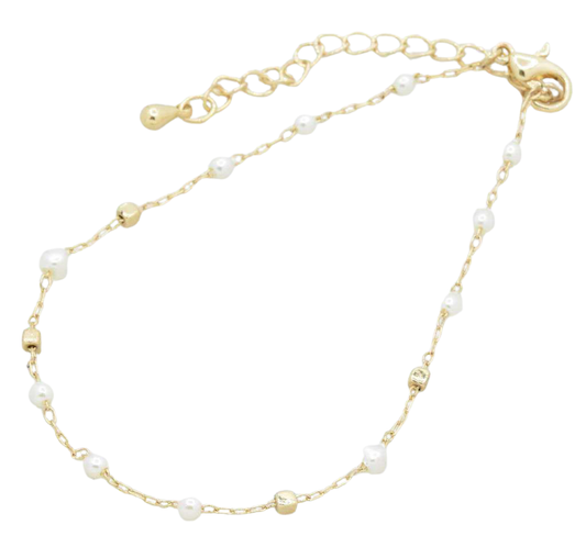 Dainty Pearl Spaced Chain Link Bracelet - Gold