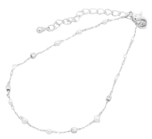 Dainty Pearl Spaced Chain Link Bracelet - Silver