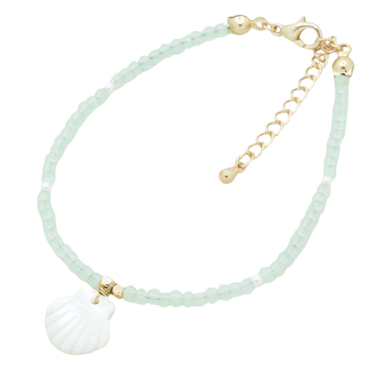 Glass Bead Mother Of Pearl Shell Adjustable Bracelet - Mint