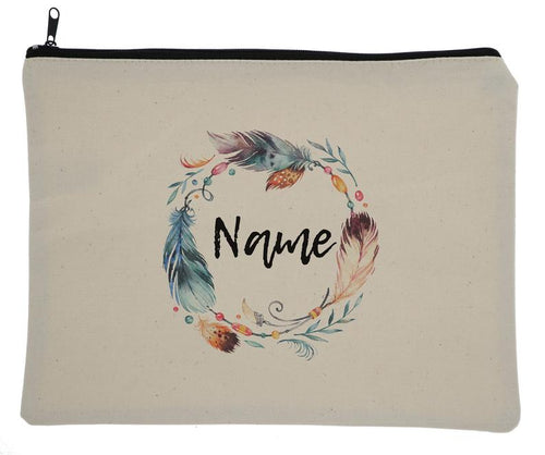 Canvas Custom Name Zipper Bag With Tribal Feathers